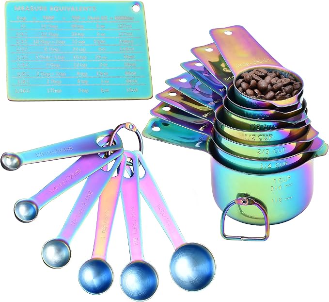 Kich 14 Piece Iridescent Rainbow Stainless Steel Measuring Cups and Spoons Set Magnetic Metal Kitchen Conversion Chart Included Large Small and Mini Scoop Cute Colorful Design by Unknown