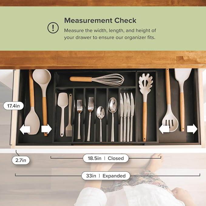 Silverware & Utensil Drawer Organizer, 18-33 in, Black Bamboo | Cutlery, flatware, food-safe contract grade, kitchen drawer fit - Image 4