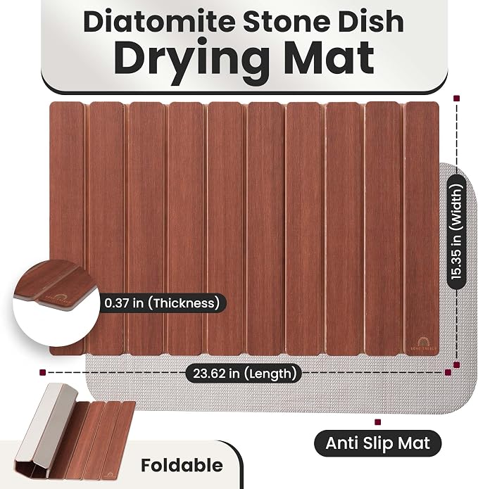 Large Stone Dish Drying Mat For Kitchen Counter | Non-Slip, Super Absorbent Diatomaceous Dish Dry Mat | Rollable Stone Drying Mat For Kitchen Counter, Heat-Resistant, Easy to Clean, Warm Walnut Color - Image 2