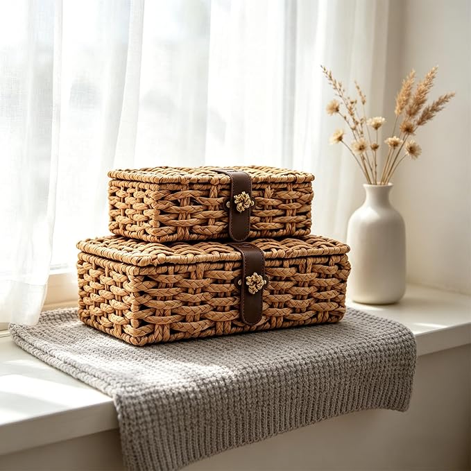 Set of 2 Seagrass Storage Boxes with Lid | Rectangular woven shelf baskets for table home decor & daily organization - Image 4
