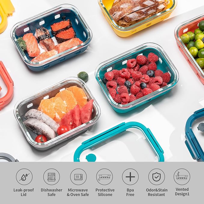 5 Pc Glass Meal Prep Containers with Glass Lids | 22 oz Airtight leakproof Food Storage Containers with Silicone Sleeves, BPA-Free, microwave, freezer & dishwasher safe - Image 2