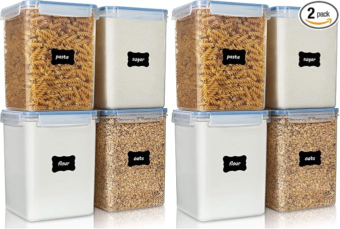 Vtopmart Large Food Storage Containers 5.2L / 175oz, 4 Pieces BPA Free Plastic Airtight Canisters for Flour, Sugar, Baking Supplies, Rice with Lids, 4 Measuring Cups and 24 Labels, Blue (Pack of 2) by Vtopmart