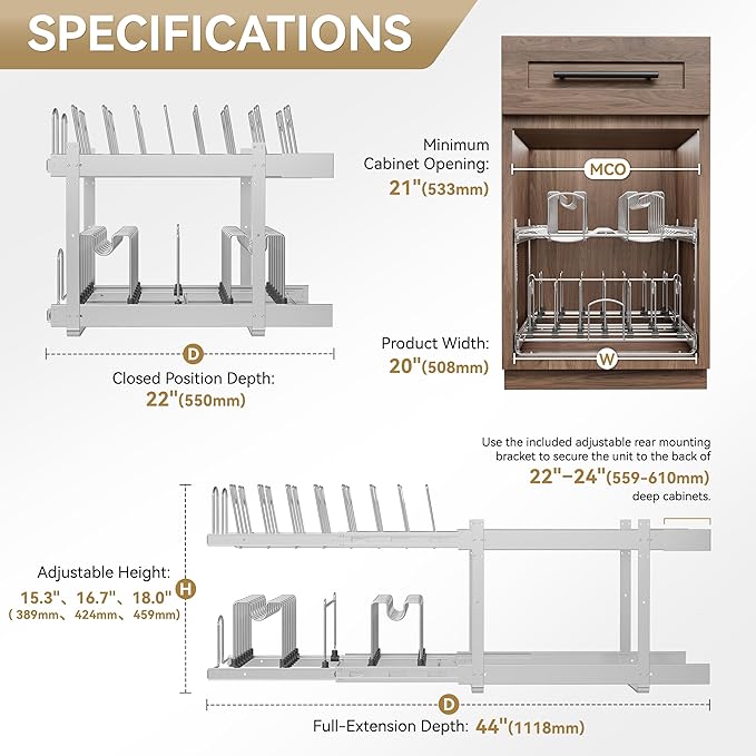 2-Tier Pots and Pans Organizer Under Cabinet Kitchen 21" W *22" D | Pull out Cabinet Organizer for Pots, Pans, and Lid Cookware, Adjustable Heavy Duty Wire Pan and Pot Rack, Full-Extension Rail - Image 2