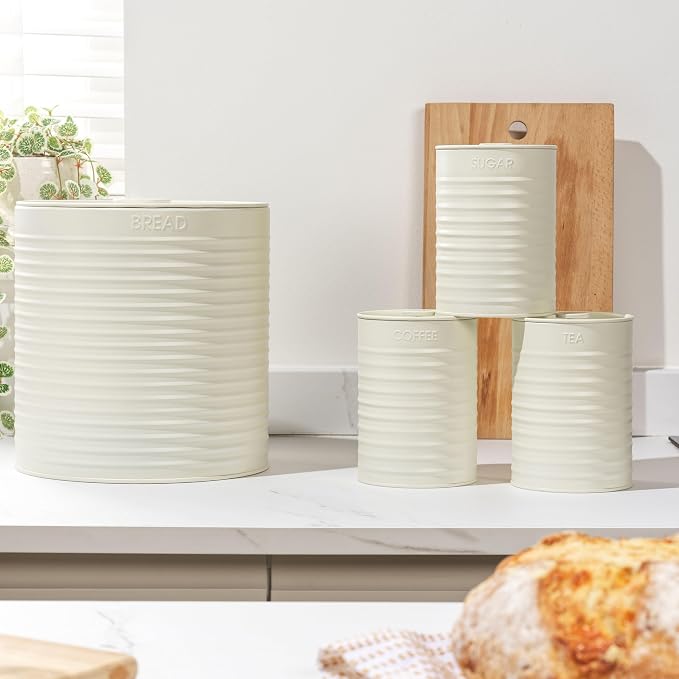 Russell Hobbs RH03270CEU7 Ribbed 4-Piece Countertop Set – Set of 3 Kitchen Storage Canisters & Bread Bin, Tea, Coffee and Sugar, Durable Steel, Pull Top Lids, Easy to Clean, Ribbed Design, Cream - Image 3