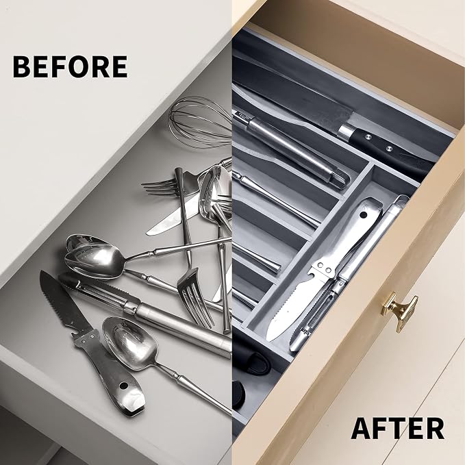 Expandable Bamboo Kitchen Drawer Organizer for Cutlery and Utensils, Adjustable Bamboo Wood Cutlery Tray in Drawer for Flatware and Silverware in Kitchen, (Grey) - Image 4