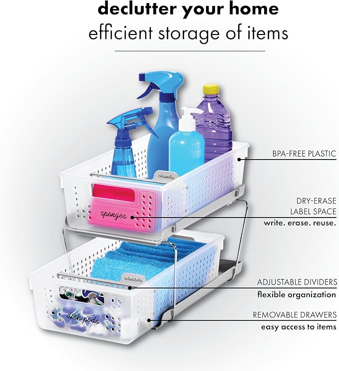 madesmart 2 Tier Organizer, Under Cabinet Storage with Pull Out Sliding Drawers, for Cleaning Supplies, Pantry, Undersink, Sponges, Bottles & Bath, Pull Out Baskets, Frost 2 PACK - Image 6