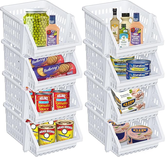 Small Stackable Storage Bins Open Front for Pantry Storage, 8 Pack - White | Sturdy Plastic, Easy Stacking, Open Front Access, Ventilated Sides, Vertical & Space Saving Pantry Organizers and Storage Bin by Skywin