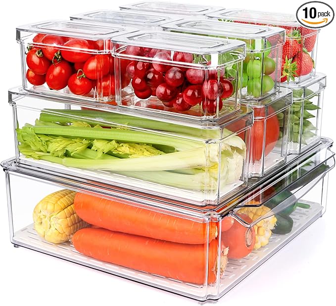 10 Pack Stackable Fridge Organizers and Storage Bins with Lids for Kitchen | PBA-Free Refrigerator Pantry Organizer Bins, Clear Plastic Food Storage Bins for Cabinets, Fruits, Vegetables, Cereals by YKIOKE