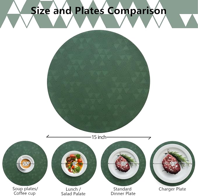 Jovono Upgraded 15" Round Placemats Set of 4, Waterproof & Oil-Proof, Non-Slip Reversible Washable Big Table Mats, Spill-Proof for Kids Families, Restaurant, Hotel, Kitchen, Indoor, Green - Image 5