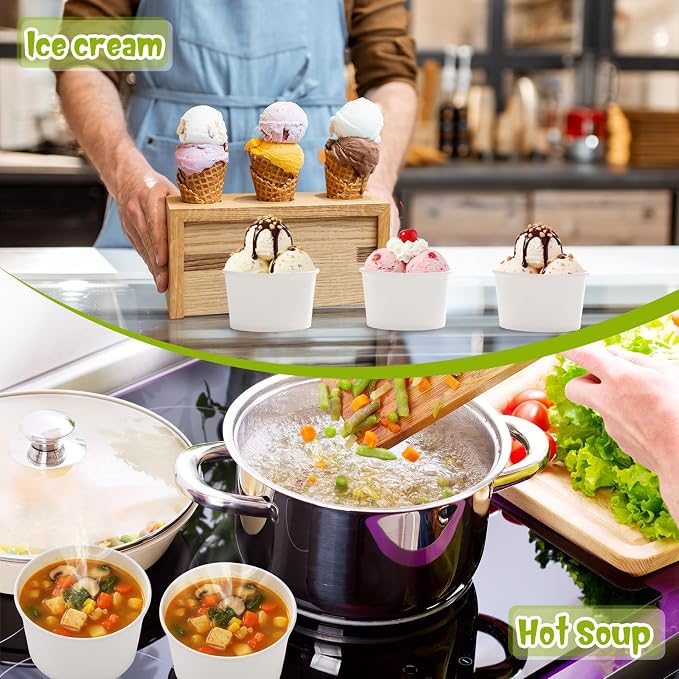 Fulmoon 100 Pack Paper Soup Containers with Lids Disposable Paper Food Containers with Vented Lid Kraft Ice Cream Cake Dessert Cups Soup Bowl for Party Hot Food Fruit Microwave(5 oz,White) - Image 4
