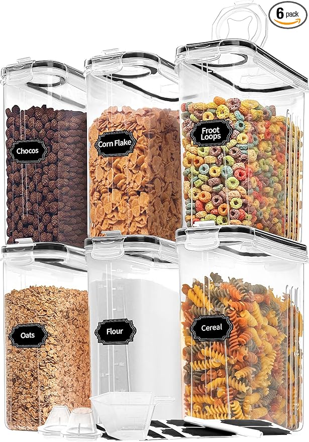 Skroam Cereal Containers Storage of 6 [4L/135.2 oz], Airtight Food Storage Containers with Lids, Plastic Cereal Dispensers for Kitchen & Pantry Organizers and Storage, Measuring Cup & 20 Labels by Skroam