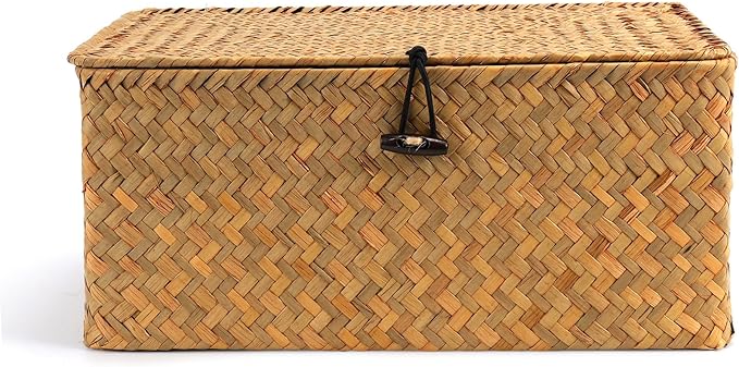 Nonam Small Basket with Lid, Natural Seagrass Bin with Lid, Shelf Baskets Multipurpose Container for Boho Decoration, Rectangular Household Storage Boxes for Home Organization-Natural - Image 2