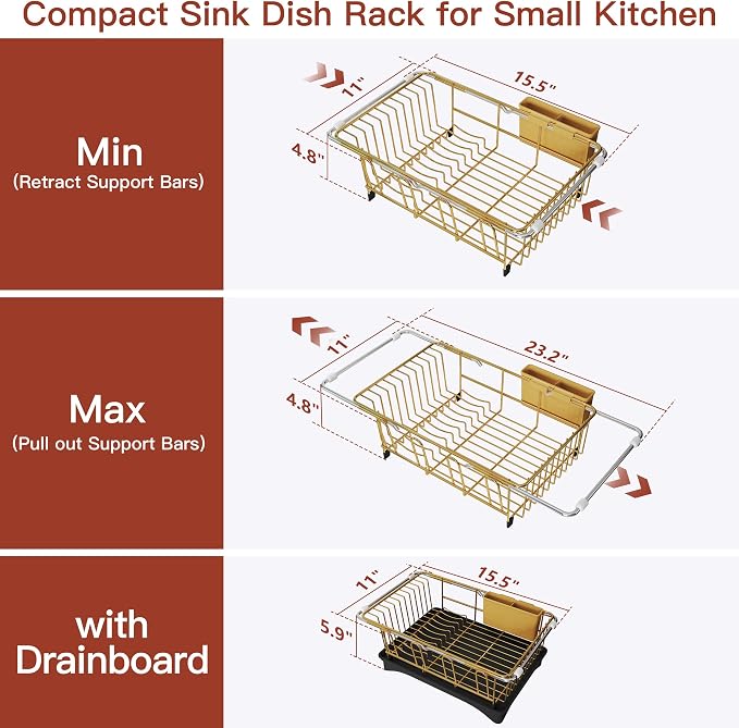 JASIWAY Gold Dish Drying Rack in Sink with Drainboard and Utensil Holder | Use Over the Sink or Counter, Stainless Steel Expandable Dish Drainer for Small Kitchen, Space Saving, Fast Drain, Rustproof - Image 5