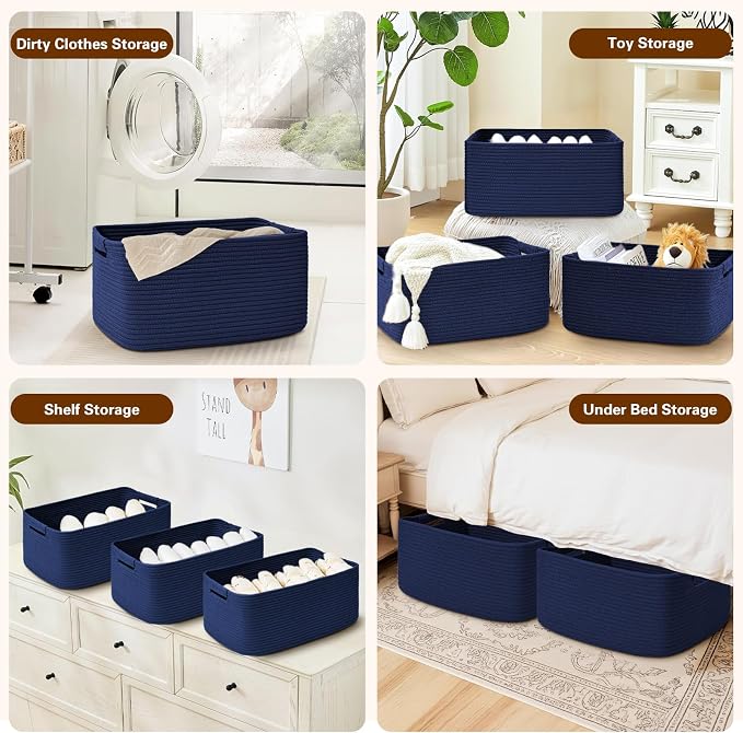 4 Pack Large Storage Basket for Organizing, 17.5"x13"x7" Woven Basket for Shelves, Closet Cube Storage Bins with Wrapped Handle, Cotton Rope Baskets for Kitchen, Clothes, Toys(Navy Blue) - Image 5