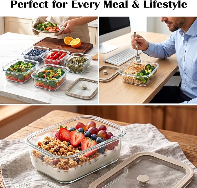 Multi-Size Glass Food Storage Containers with Glass Lids, 4 Pack | Airtight Glass Meal Prep Containers, Plastic Free, Borosilicate Glass Lunch Containers for Leftovers, Microwave, Freezer - Image 7