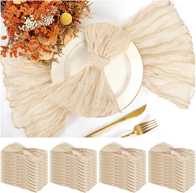 42 Packs Gauze Cheesecloth Napkins 20 x 20 Inch Beige Wrinkled Dinner Napkins, Light Brown Rustic Boho Soft Cloth Napkin for Wedding Party Event Dinner Table Decoration by Teruntrue