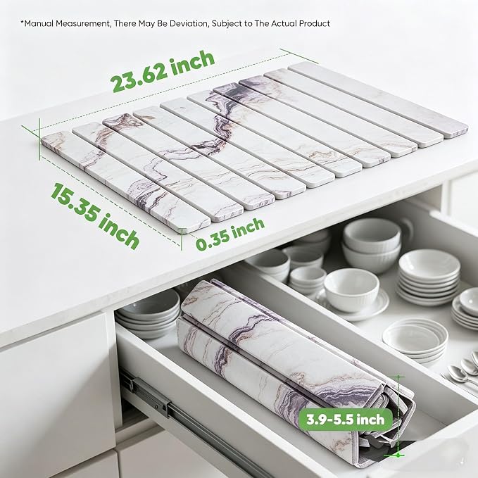Stone Drying Mat for Kitchen Counter, Quick Diatomaceous Earth Mats for Dishes, 24"L x 16" W Super Absorbent Fast-Drying Collapsible Countertop Stone Mat (Marble White-06, 24" x 16") - Image 2