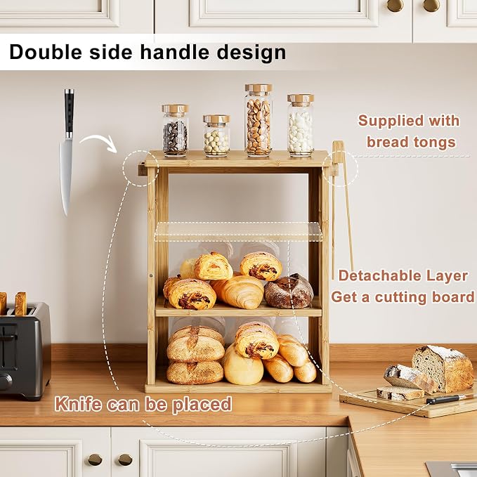 WOWLIVE Bread Box for Kitchen Countertop, 3 Layers Bread Storage Container | Large Bamboo Bread Bin for Homemade Bread with Window, Farmhouse Breadbox Organizer for Kitchen, Cabinet, Natural, Meduim - Image 5
