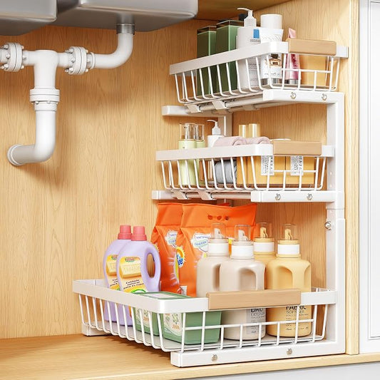 PXRACK Under Sink Organizer, 1-Pack 3-Tier Height Adjustable Thickened Metal Pull out Cabinet Organizer Shelf, Slide out Storage Drawer Rack for Bathroom Kitchen Pantry Home Organization, White by PXRACK