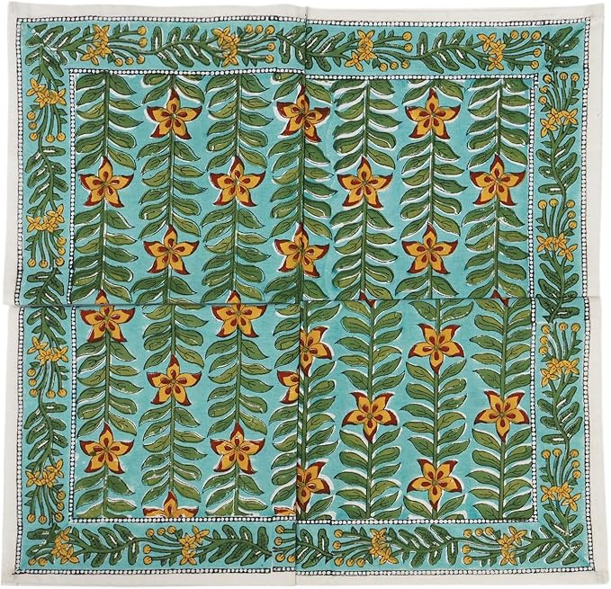 18x18 Inches Cotton Napkins Set of 4, Yellow Green, Washable Hand Block Printed Reusable Cloth Napkins for Dinning, Party, Wedding, Home Decor Fall - Image 2