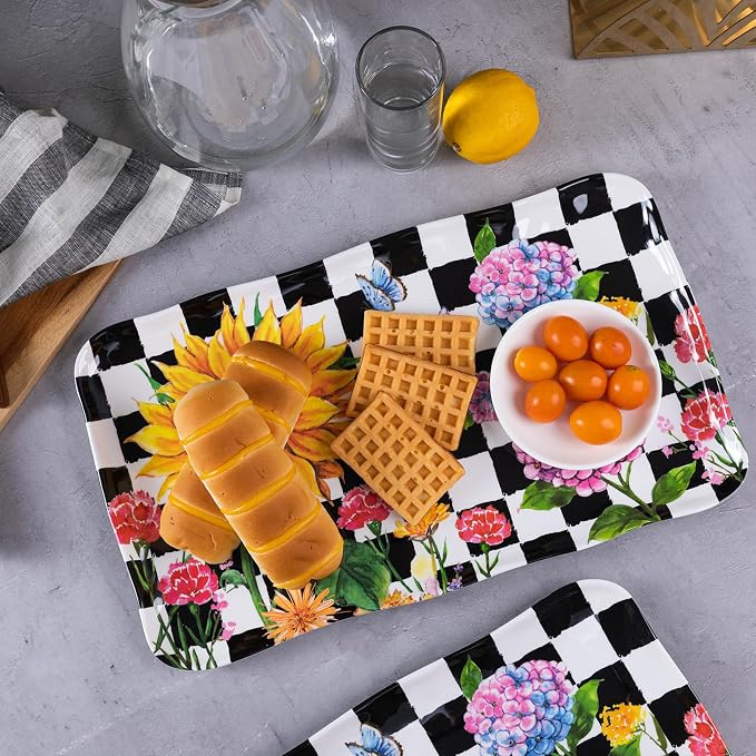 LEHAHA Rectangular Melamine Sunflower Serving Tray, 2-Piece Hydrangea Serving Platter Set, 17.5" x 10" Colorful Trays/Platters Sets for Outdoor and Indoor Dining and Entertaining Parties,Black Plaid - Image 4