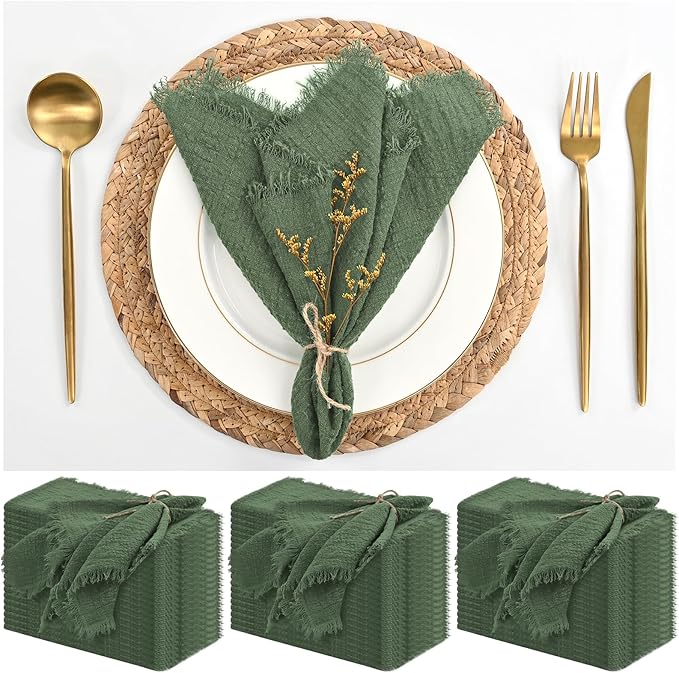 60 Pack Olive Green Napkins Cotton Linen Cloth Napkins 16 x 16 Inch Green Napkins Cloth Handmade with Fringe Soft Rustic Washable Dinner Napkins Cloth for Wedding Party Dinner Table by ABKLESACH