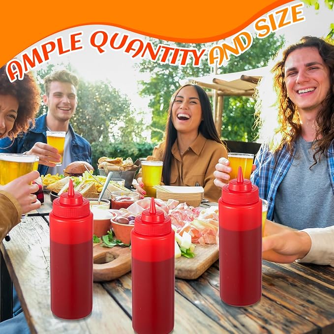 24 Pcs 32 oz Squeeze Bottle Large Plastic Wide Mouth Squeeze Bottles for Condiment Sauces Chocolate Ketchup Mustard BBQ Grill Restaurant (Red) - Image 3