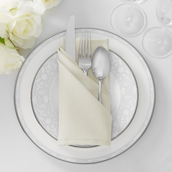 Lann's Linens Set of 12 Cloth Dinner Napkins, 17-inch Polyester Napkins, Washable and Reusable Fabric for Weddings, Hotels, Restaurants - Ivory - Image 4