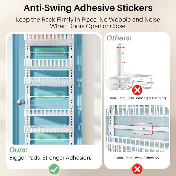 SNTD 8 Tiers Narrow Over the Door Organizer, 12.3"W x 4.7"D x 69"H, White | Pantry Door Organizers and Storage, Height Adjustable Spice Rack, Dense Mesh Baskets, Anti-Swing, Adjustable Door Fastener - Image 8