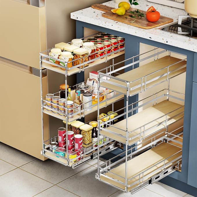 ROOMTEC 3-Tier Pull Out Cabinet Organizer Spice Rack for Narrow Cabinet 6" W x 20½" D, Slide Out Wood Shelves Storage for Kitchen - Image 6