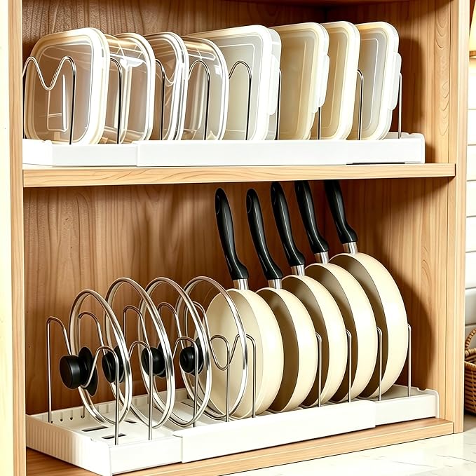 Pots and Pans Organizer under Cabinet, Expandable Adjustable Pot Lid Organizer Rack with 9 Stainless Steel Dividers, Food Storage Container Lid Holder for Kitchen Countertop Storage (White) - Image 8