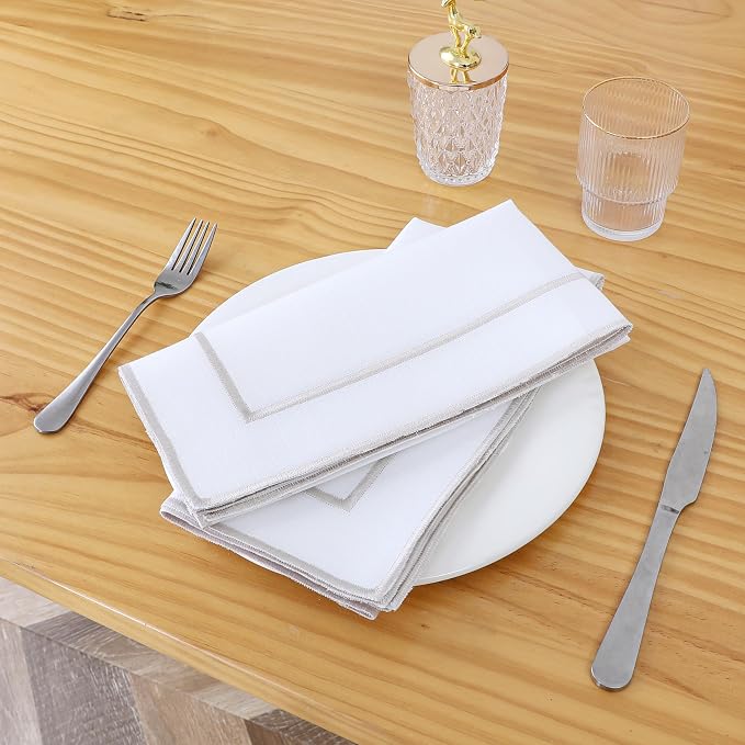 Majestic Giftware Set of 12 Polyester Napkins (NPK-GR) | White Grey Trim Design Dinner Napkins Cloth | Linen Look Washable Cloth Napkins Set for Weddings, Banquets, or Restaurants (20" x 20") - Image 2