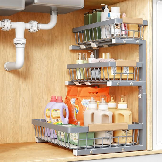 PXRACK Under Sink Organizer, 1-Pack 3-Tier Height Adjustable Thickened Metal Pull out Cabinet Organizer Shelf, Slide out Storage Drawer Rack for Bathroom Kitchen Pantry Home Organization, Grey by PXRACK