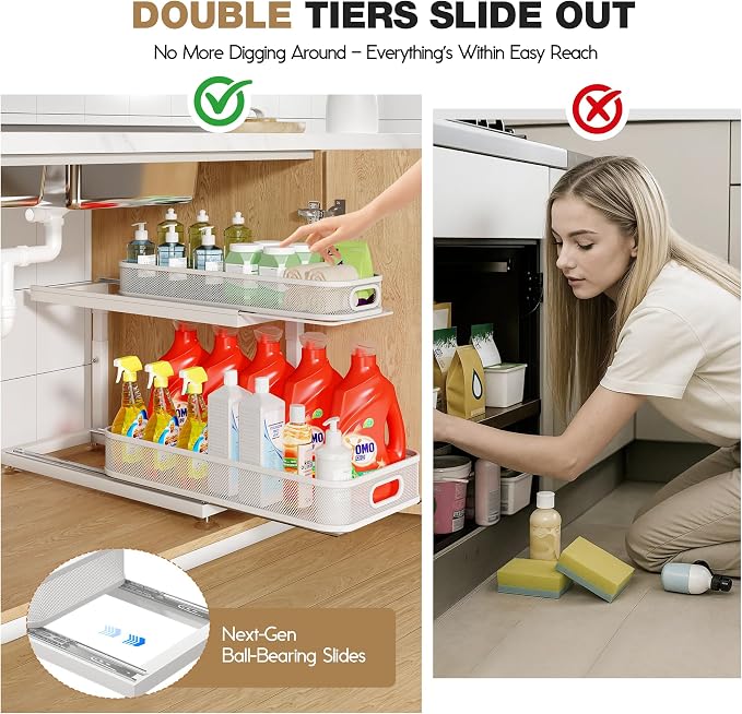 1-Pack Under Sink Storage Organizer with 2-Tier Slide Out Drawer, Sophisticated Mesh Pull Out Shelf for Kitchen & Bathroom, Fits Small Items, Upgraded Arched Track for Smooth Gliding-White - Image 4