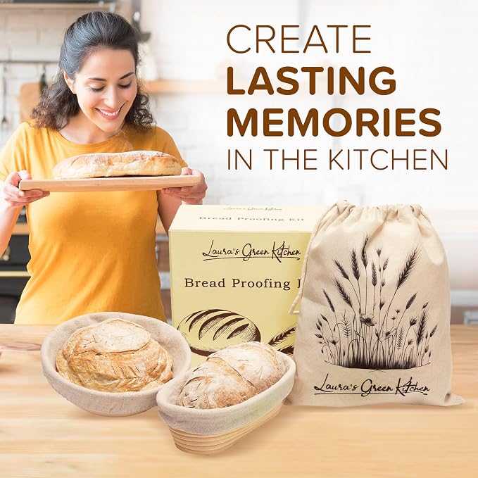 Laura's Green Kitchen Complete Sourdough Starter Kit – Sourdough Bread Baking Supplies with 2 Banneton Bread Proofing Basket, Linen Liners, Bread Lame, 5 Bread Blade for Scoring Dough, Scraper & More - Image 3