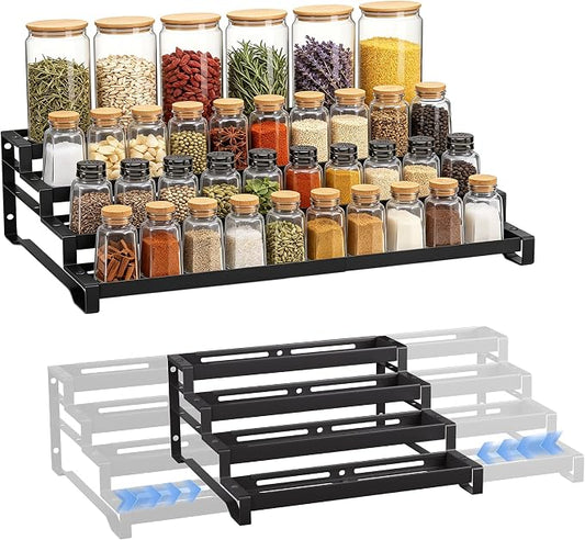 Expandable Spice Rack Organizer for Cabinet 4 Tier Spicy Shelf Black 1Pack | Adjustable Length 13"-21", Easy to See Labels, Sturdy Metal, Slip-Resistant Guardrails for Jars, Cabinet & Countertop Storage by SANKEUHomeStorage