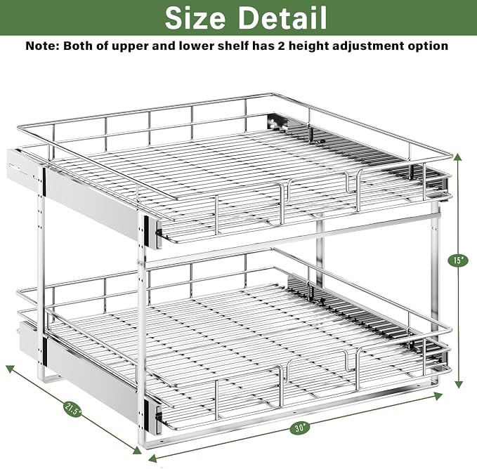 LOVMOR 2 Tier Individual Pull Out Cabinet Organizer 30" W x 21½" D, Slide Out Kitchen Cabinet Storage Sliding Shelves - Image 3