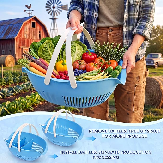 Nuogo 3 Pcs Garden Harvest Basket Removable Partitions with Tool Caddy for Collecting Carrying and Cleaning Harvesting Basket Doubles Colander for Vegetables and Fruits Garden Accessories(Blue) - Image 4