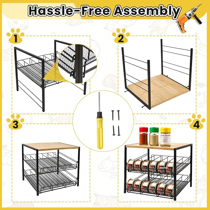 Bamboo & Iron Cat Food Organizer, 2-Tier Stackable Rack Holds 48 Cans 3oz | FIFO auto slide-down,Flat top storage, Organizes pantry & pet food cans - Image 3