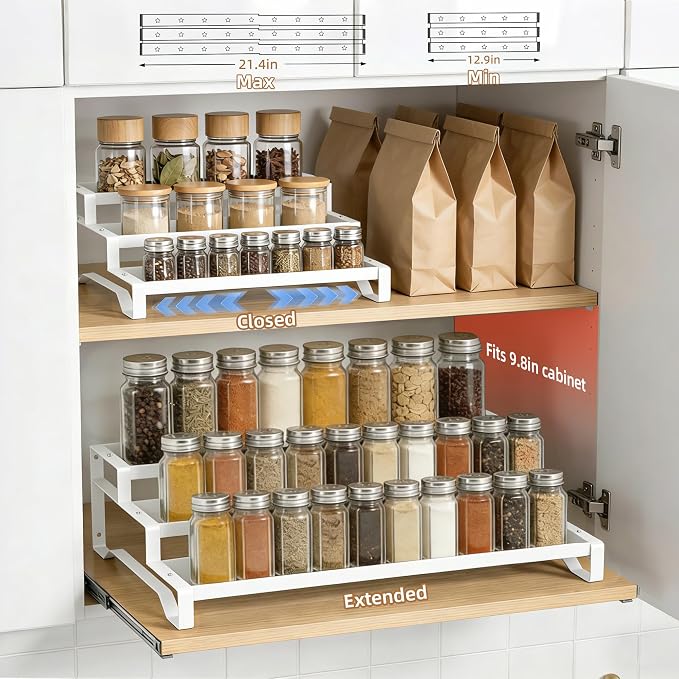 Expandable Spice Rack Organizer for Cabinet 3 Tier Spicy Shelf White 1Pack | Adjustable Length 13"-21", Metal Seasoning Organization, Slip-Resistant Guardrails for Jars, Cabinet & Countertop Storage - Image 2