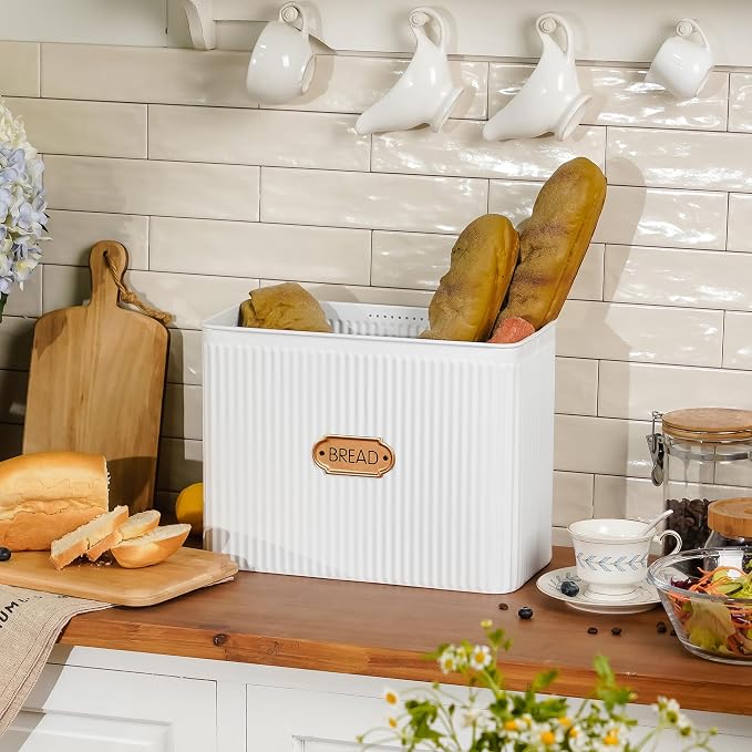 Extra Large Vertical Stripe Embossed Bread Box with Bamboo Lid | Corner Breadbox for Homemade Bread, White Metal Bread Storage Container Bin for Kitchen Countertop, Fits 2 Loaves of Bread - Image 3