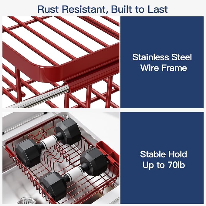 JASIWAY Red Dish Drying Rack Over the Sink with Utensil Holder | Expandable Stainless Steel Dish Driainers for Small Kitchen, Counter Space Saving, Fast Drain, Rust Resistant, For Apartment - Image 5