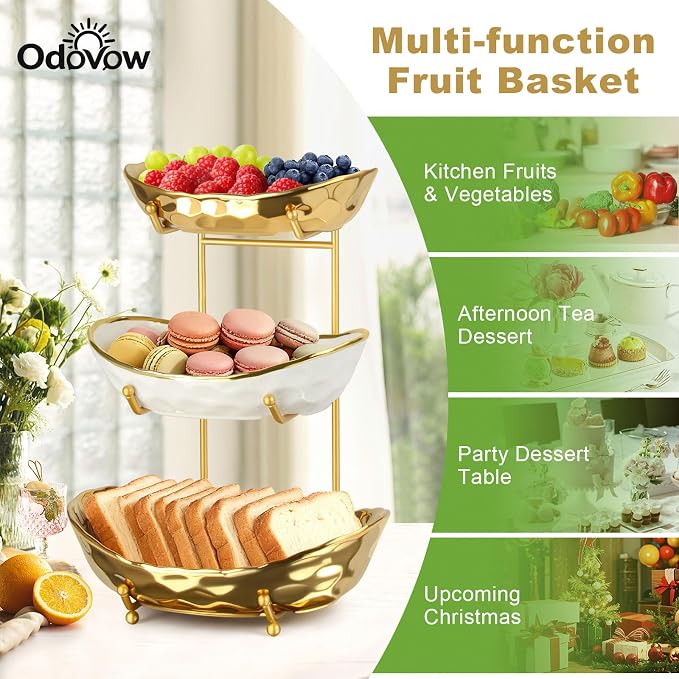 Fruit Bowl for Kitchen Counter, Tiered Fruit Basket for Countertop, 3 Tier Ceramic Fruit Basket with Metal Stand, Fruit Bowl for Fresh Fruit&Veggies (Gold) - Image 3