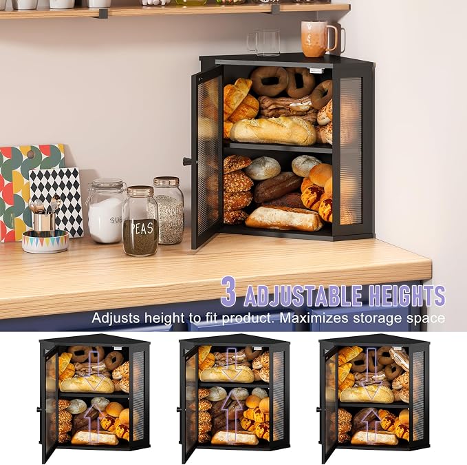 Corner Bread box for Kitchen Countertop,Farmhouse Bread Box with Acrylic Wavy Door Panel,Large Bread box for kitchen countertop, Food Storage Container (Black, Extra Large) - Image 6