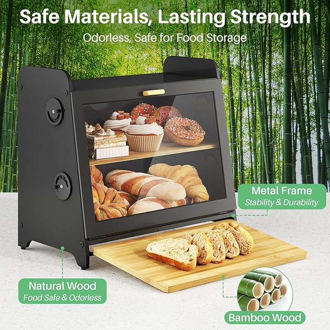 SNTD Airtight Bread Box for Kitchen Countertop, Bamboo Cutting Board, Black | Adjustable Vent Hole, Sorted Storage, Natural Wood, Magnetic See-through Door, Metal Frame, Homemade Bread Storage Container - Image 3