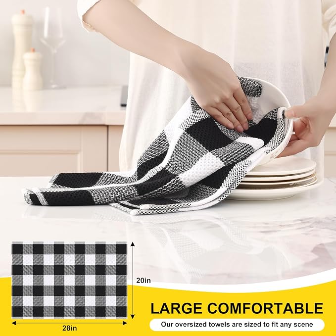 Homaxy Kitchen Towels and Dishcloths Set, Set of 8, White & Black | Bulk Cotton Waffle Weave Check Plaid Kitchen Towels, Super Soft and Absorbent Dish Cloths, 12 x 12 and 20 x 28 Inches - Image 3