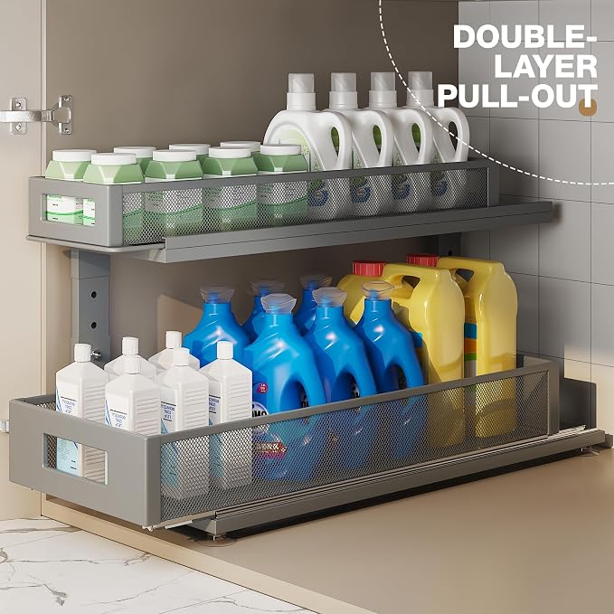 2 Pack 21.3IN-Depth Under Sink Organizer with Next-Gen Ball-Bearing Slides,2-Tier Pull Out Cabinet Storage,Height Adjustable Drawer Shelf for Bathroom,Kitchen,Laundry,Cabinet,Pantry-Gun Gray - Image 4