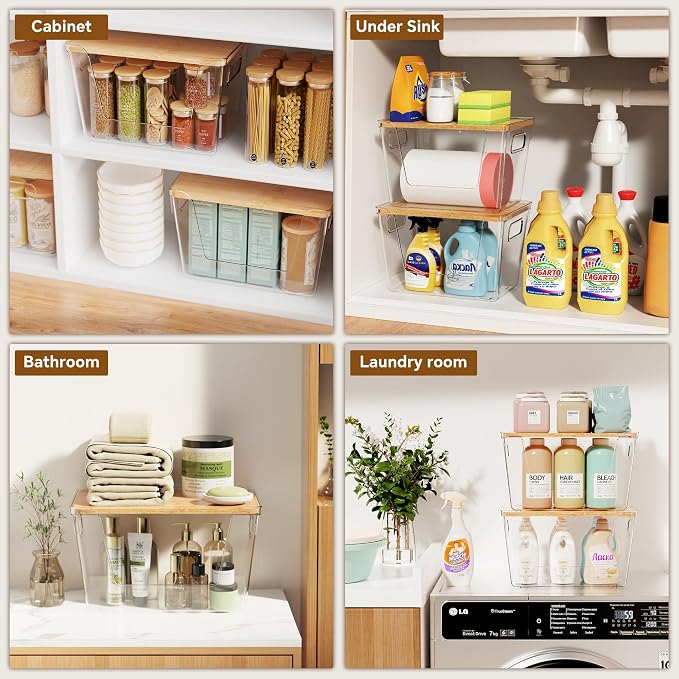 3 Set Pantry Organizers and Storage with Bamboo Lids, Stackable Clear Bins for Onion, Potato, Fruit, Vegetables, Trash Bag Dispenser, Kitchen and Under Sink Organizer - Image 6