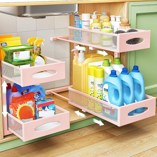 2 Pack Under Sink Organizer, 2 Tier Pull out Cabinet Organizer Mesh Baskets with 5 Adjustable Heights, Sliding Drawers Storage Shelf for Home, Kitchen, Bathroom, Pantry, Office, Countertop ,Pink by Kitstorack