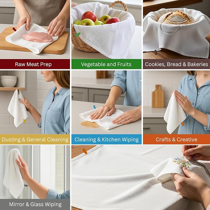 Flour Sack Towels| Tea Towel for Crafts| Kitchen Towels Cotton Blank Towel for Embroidery Baking Bread Proofing Linen Cover | Super Absorbent Dish Towels with Color Hanging Loops 7 Pack 28"x28" White - Image 2